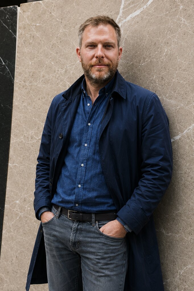 Daniel Probst-Bosch, Steinmetzmeister, im blauen Arbeitsmantel vor einer Marmorplatte – STOI Steinmetzwerkstatt