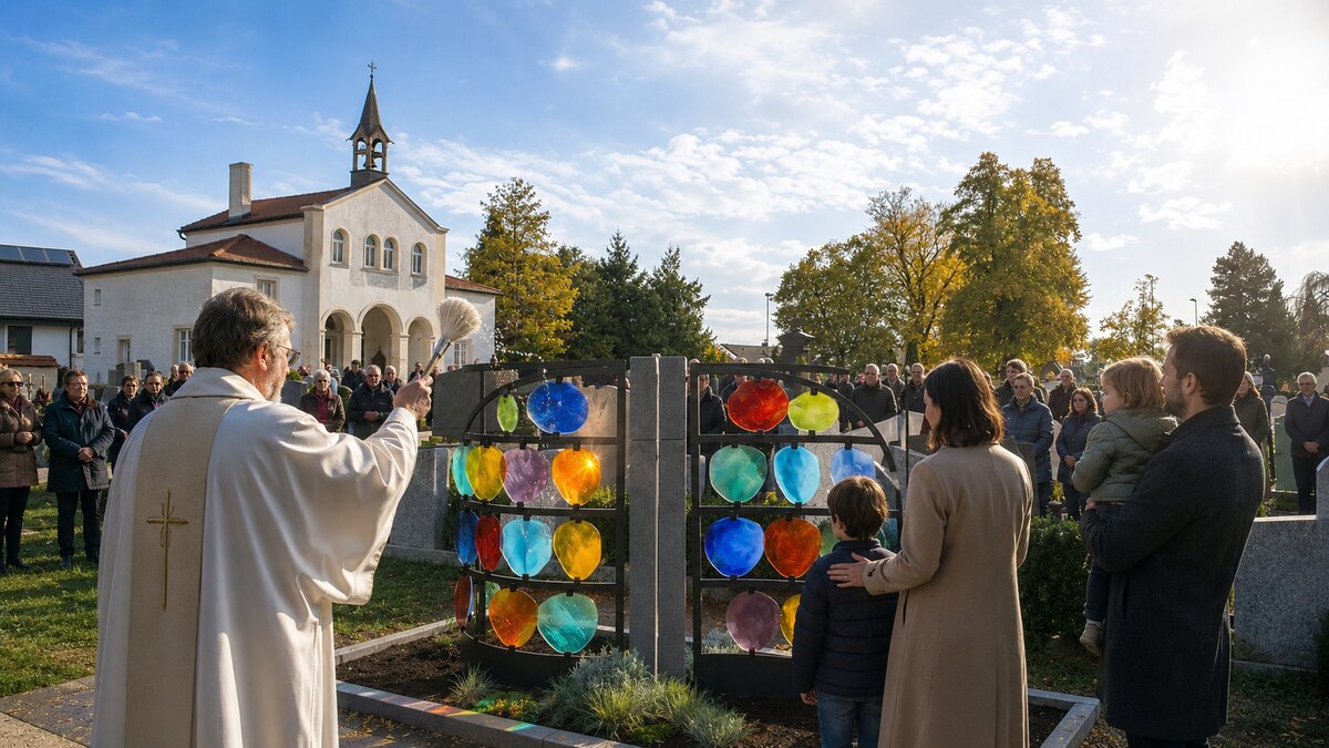Segnung eines Himmelreich Memorial Urnengrabfelds mit Glaselementen, Pfarrer und Angehörige – STOI Steinmetzwerkstatt