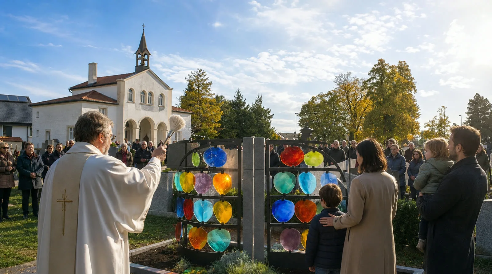 Pfarrer segnet die Urnengrabanlage mit bunten Glasscheiben bei der Einweihung auf dem Friedhof – STOI Steinmetzwerkstatt